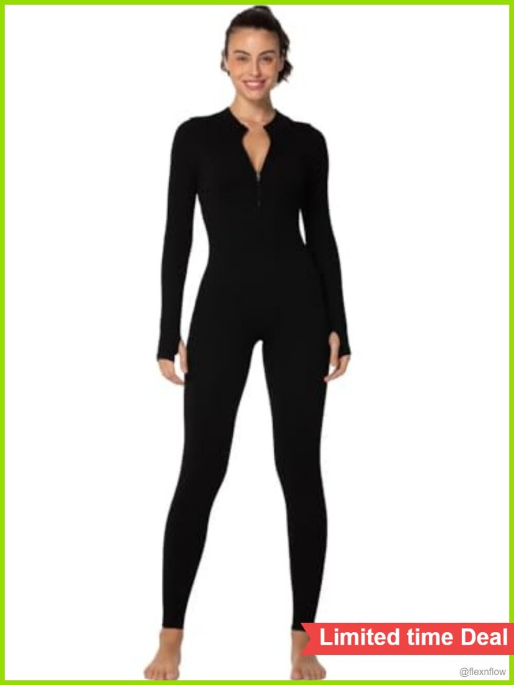 Ribbed Long Sleeve Zip Front Yoga Jumpsuit Thumbholes Compression One Piece